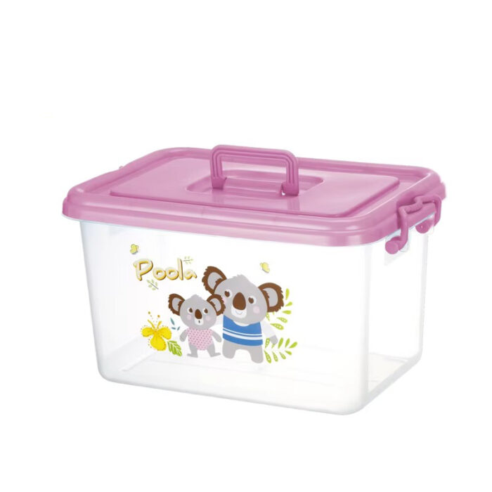 Hot Sale Cartoon Cute Children Portable Transparent PP Plastic Storage Boxes with Pink Lid