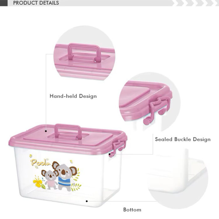 Hot Sale Cartoon Cute Children Portable Transparent PP Plastic Storage Boxes with Pink Lid