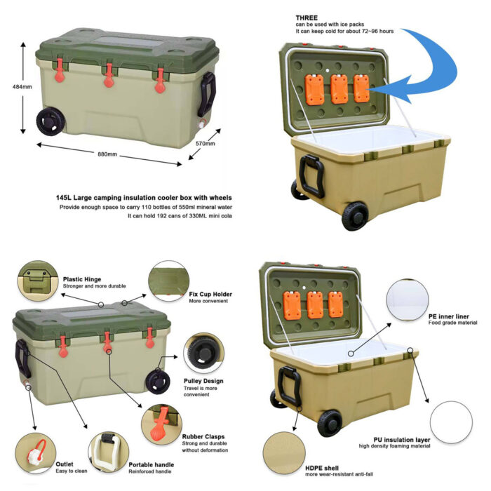 16L/36L/68L/145L Multifunctional Cooler Box with Wheels 16.9QT/38QT/71.8QT/153.2QT