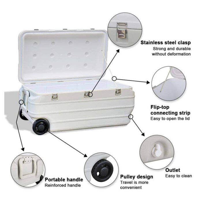 170L Large Size Trolley 179.6QT Wheeled Cooler Box for Camping Fishing Marine