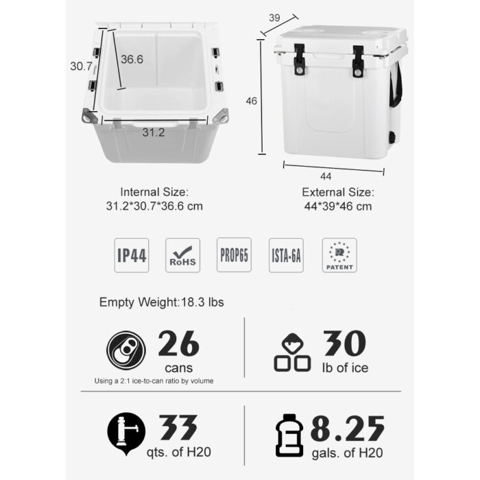 33QT Insulated Rotomolded Portable Plastic Hard Cooler Box 31.2L Ice Chest Chilly Bin