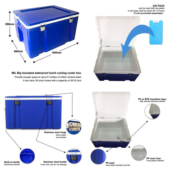 66L Big Insulated Waterproof Cooling Ice Cooler Box 69.7QT for Outdoor Fish Fresh Distribution