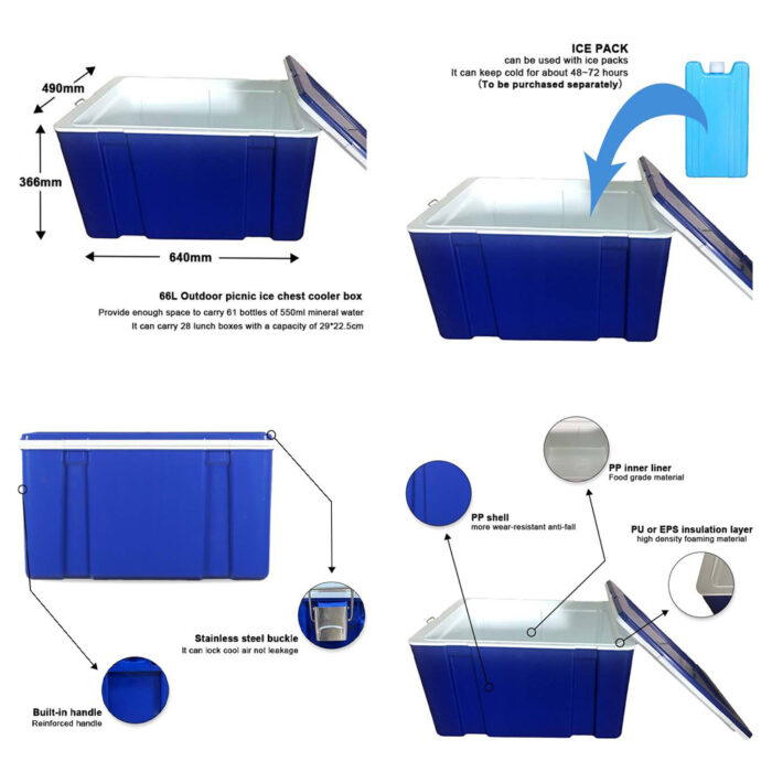 66L Big Insulated Waterproof Cooling Ice Cooler Box 69.7QT for Outdoor Fish Fresh Distribution