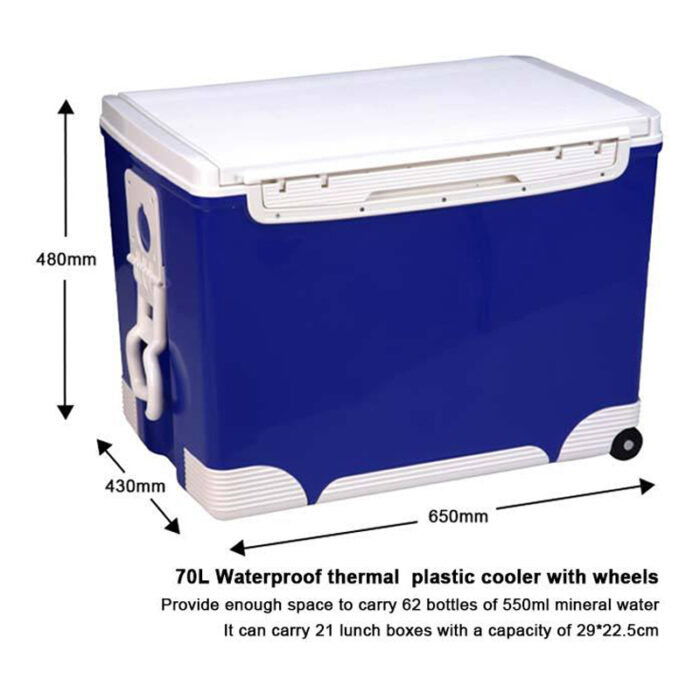 70L Waterproof Thermal Plastic Ice Chest Fishing Box 74QT Trolley Cooler with Wheels
