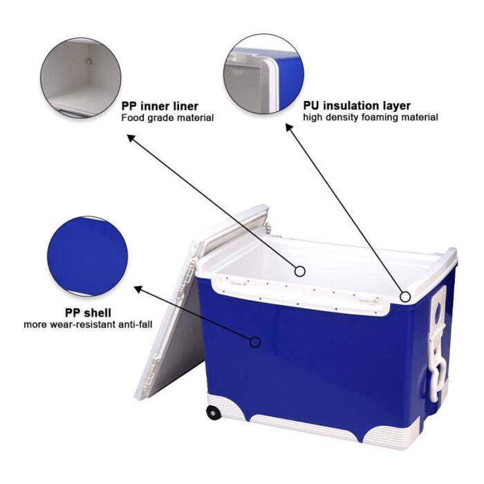 70L Waterproof Thermal Plastic Ice Chest Fishing Box 74QT Trolley Cooler with Wheels