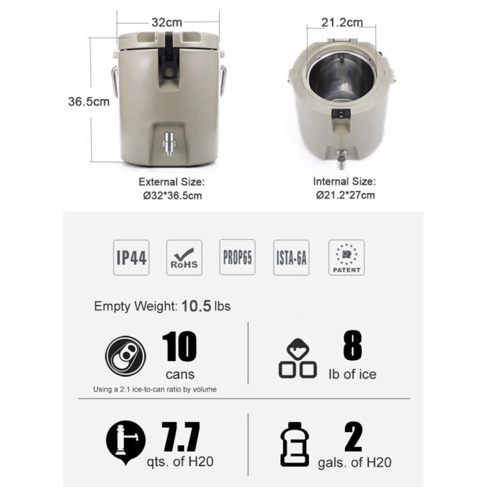 8QT Portable Round Water Cooler Jug with Tap 7.6L Beverage Dispenser Ice Bucket