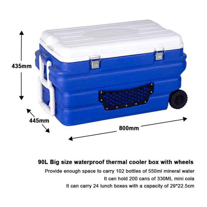 90L Waterproof Thermal Food Marine Medical 95.1QT Trolley Cooler Box with Wheels