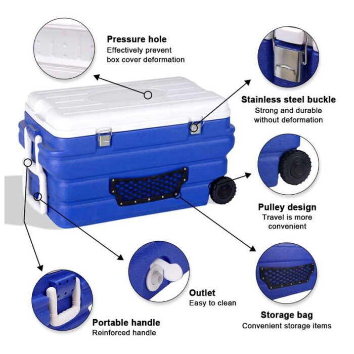 90L Waterproof Thermal Food Marine Medical 95.1QT Trolley Cooler Box with Wheels