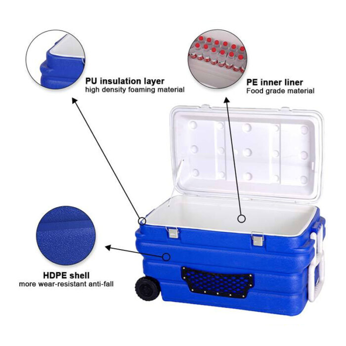 90L Waterproof Thermal Food Marine Medical 95.1QT Trolley Cooler Box with Wheels