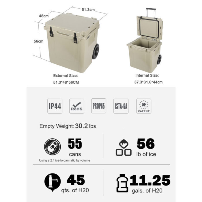 45QT Plastic Wheeled Cooler with Handle Trolley Rolling Durable 42.6L Ice Box