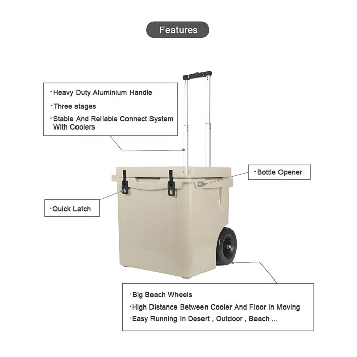 45QT Plastic Wheeled Cooler with Handle Trolley Rolling Durable 42.6L Ice Box