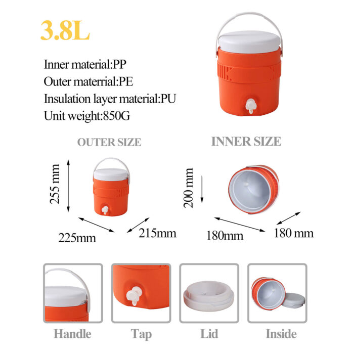 4QT Plastic Bucket Cooler Jug with Handle Round Barrel 3.8L Beverage Dispenser