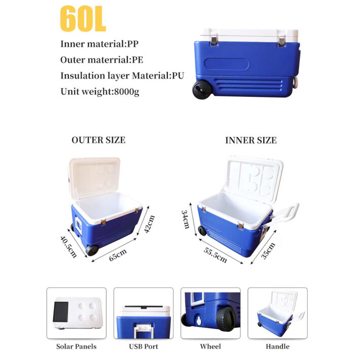 60L Insulated Large Wheeled Cooler Box with Solar Panel and USB Port 63.4QT Ice Chest