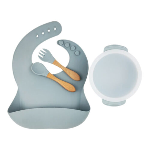 Baby Dinnerware Silicone Bib Bowl with Lid Wooden Handle Spoon Fork Set