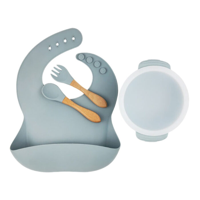 Baby Dinnerware Silicone Bib Bowl with Lid Wooden Handle Spoon Fork Set
