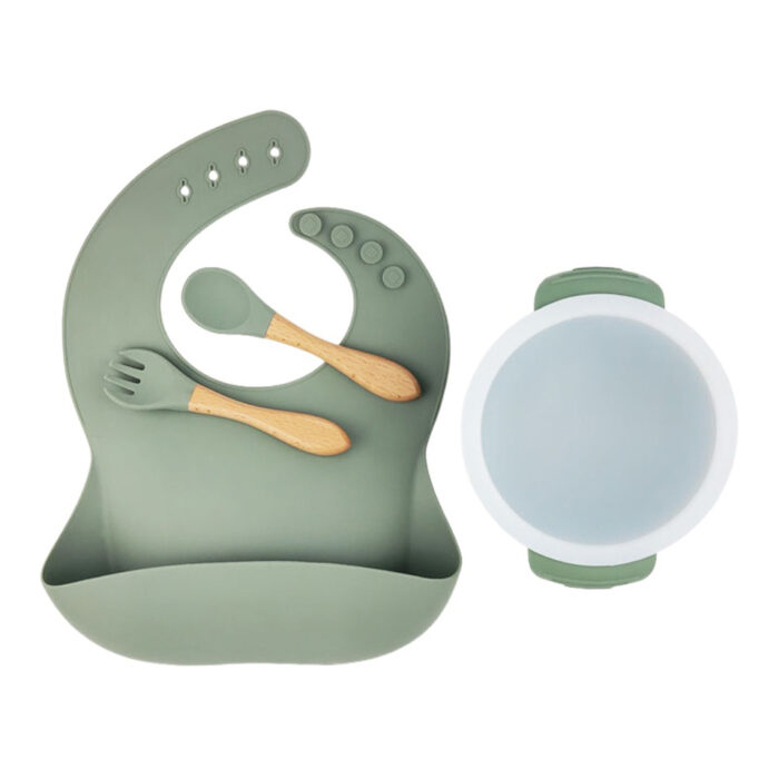 Baby Dinnerware Silicone Bib Bowl with Lid Wooden Handle Spoon Fork Set