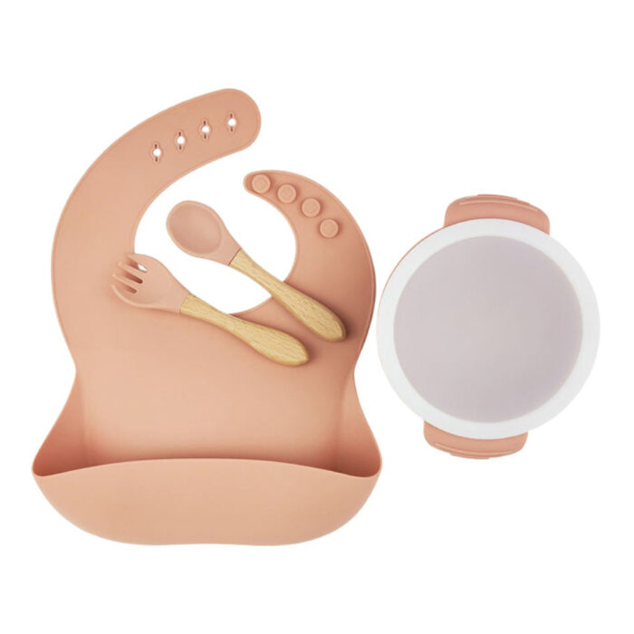 Baby Dinnerware Silicone Bib Bowl with Lid Wooden Handle Spoon Fork Set