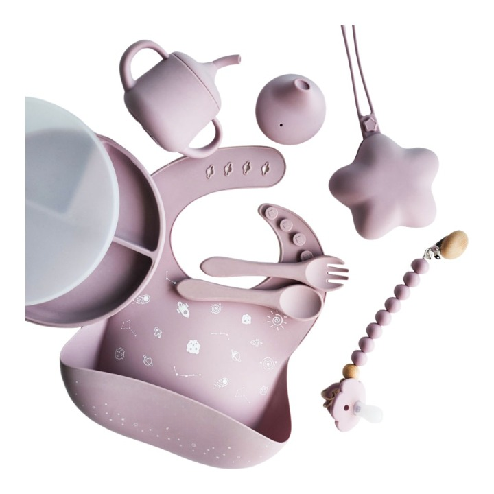 Baby Feeding Set Silicone Bib Plate Spoon Fork Pacifier Case Clip Toddler Cup