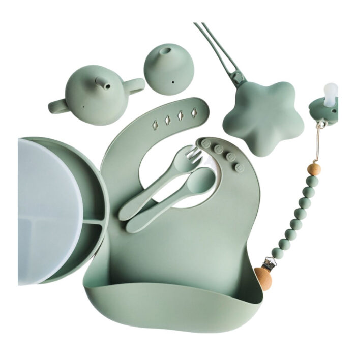 Baby Feeding Set Silicone Bib Plate Spoon Fork Pacifier Case Clip Toddler Sippy Cup