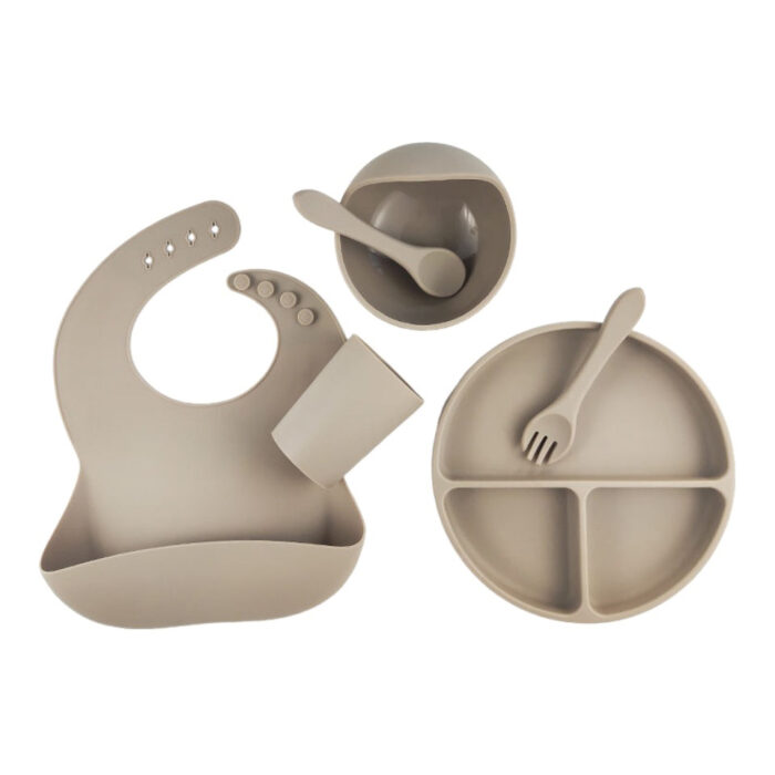 Baby First Stage Feeding Utensil Silicone Tableware Bib Spoon Fork Cup Plate Bowl Set
