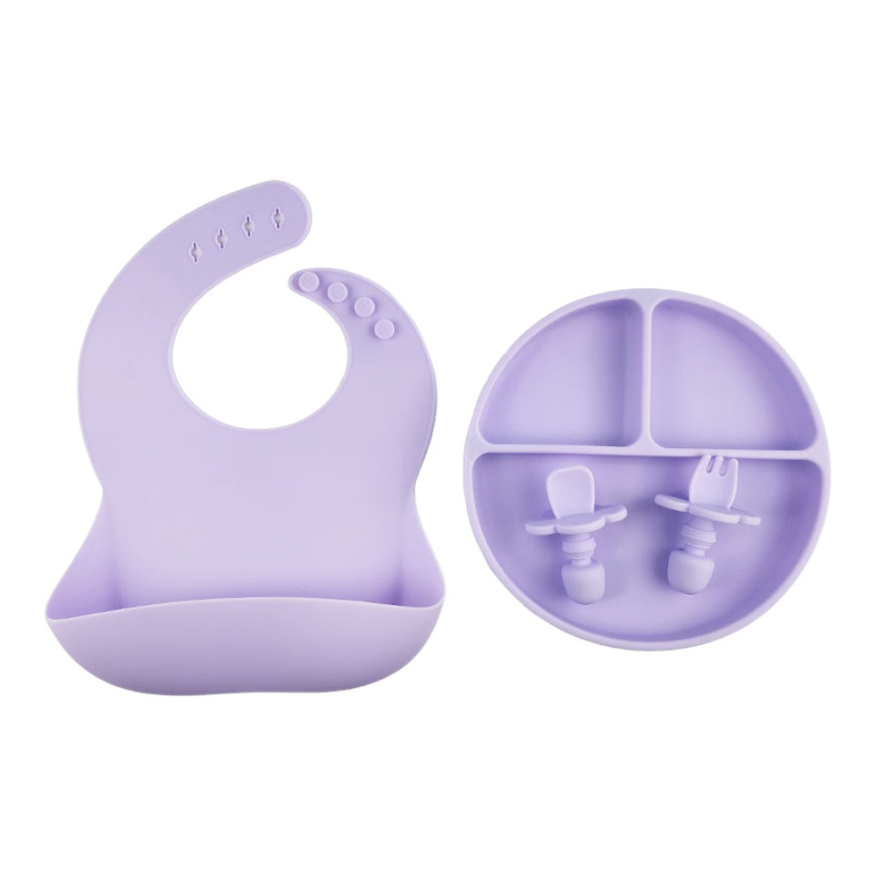 Baby Led Weaning Silicone Bib Suction Plate Cloud Shape Blocker Spoon Fork Set