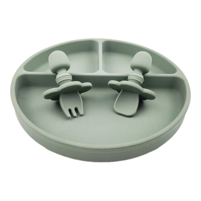 Baby Silicone Anti-Choke Spoon and Fork Suction Round Plate Infant Feeding Set