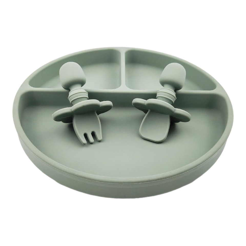 Baby Silicone Anti-Choke Spoon and Fork Suction Round Plate Infant Feeding Set