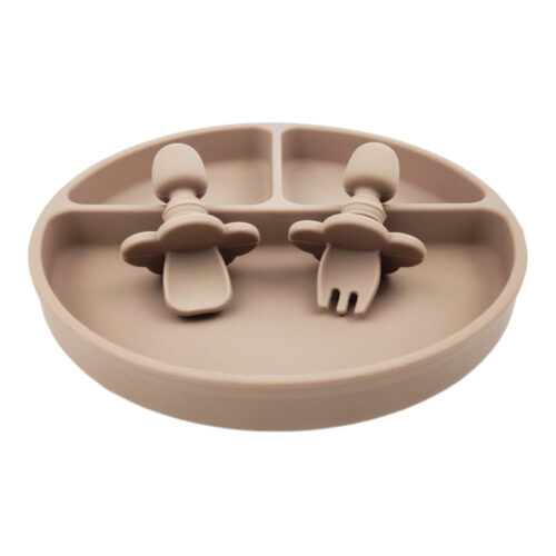Baby Silicone Anti-Choke Spoon and Fork Suction Round Plate Infant Feeding Set