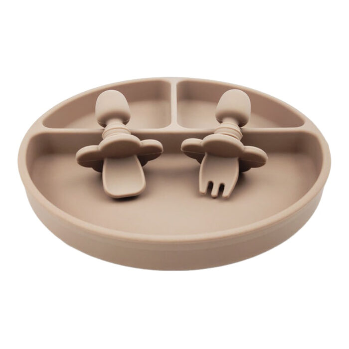 Baby Silicone Anti-Choke Spoon and Fork Suction Round Plate Infant Feeding Set