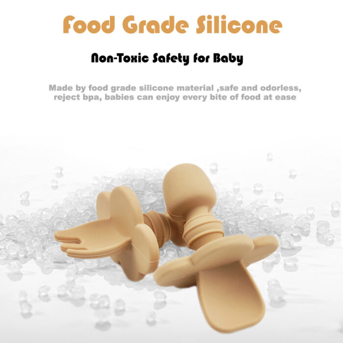 Baby Silicone Anti-Choke Spoon and Fork Suction Round Plate Infant Feeding Set