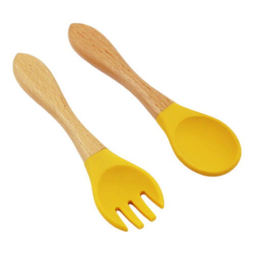 Baby Wooden Handle Silicone Spoon Fork Set Infant Kid Feeding Toddler