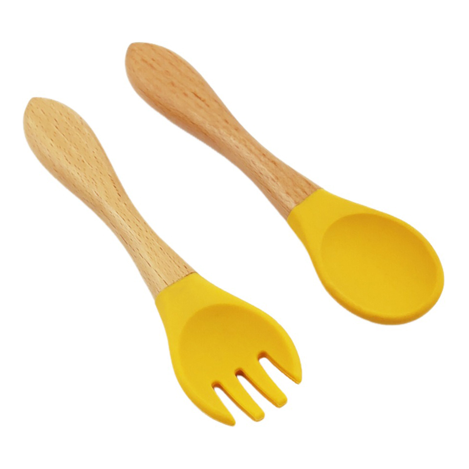 Baby Wooden Handle Silicone Spoon Fork Set Infant Kid Feeding Toddler