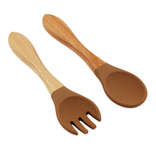 Baby Wooden Handle Silicone Spoon Fork Set Infant Kid Feeding Toddler