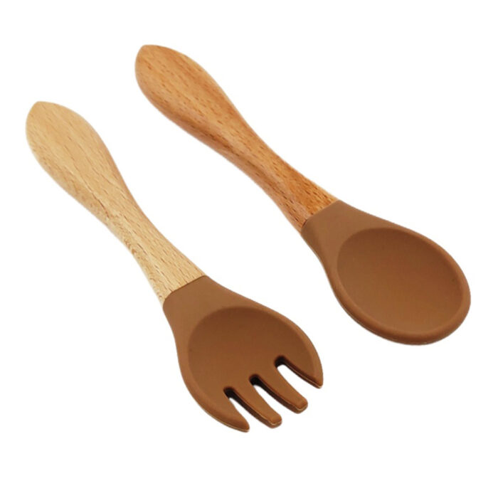 Baby Wooden Handle Silicone Spoon Fork Set Infant Kid Feeding Toddler