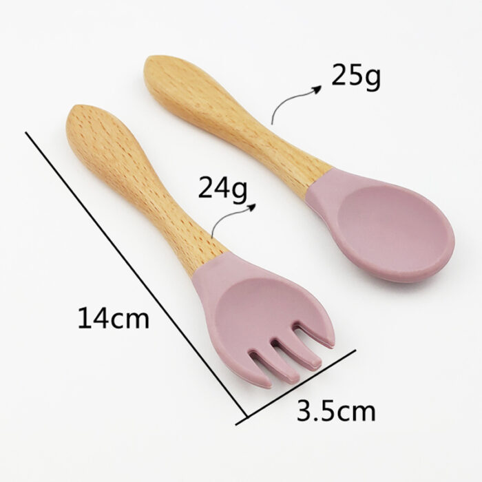Baby Wooden Handle Silicone Spoon Fork Set Infant Kid Feeding Toddler
