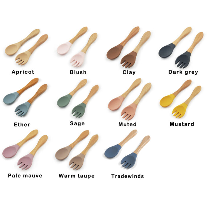 Baby Wooden Handle Silicone Spoon Fork Set Infant Kid Feeding Toddler