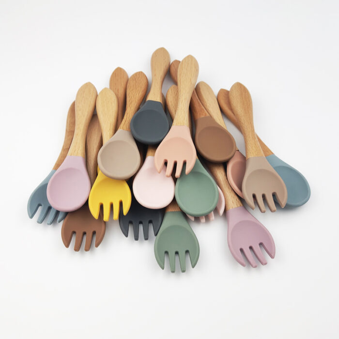 Baby Wooden Handle Silicone Spoon Fork Set Infant Kid Feeding Toddler