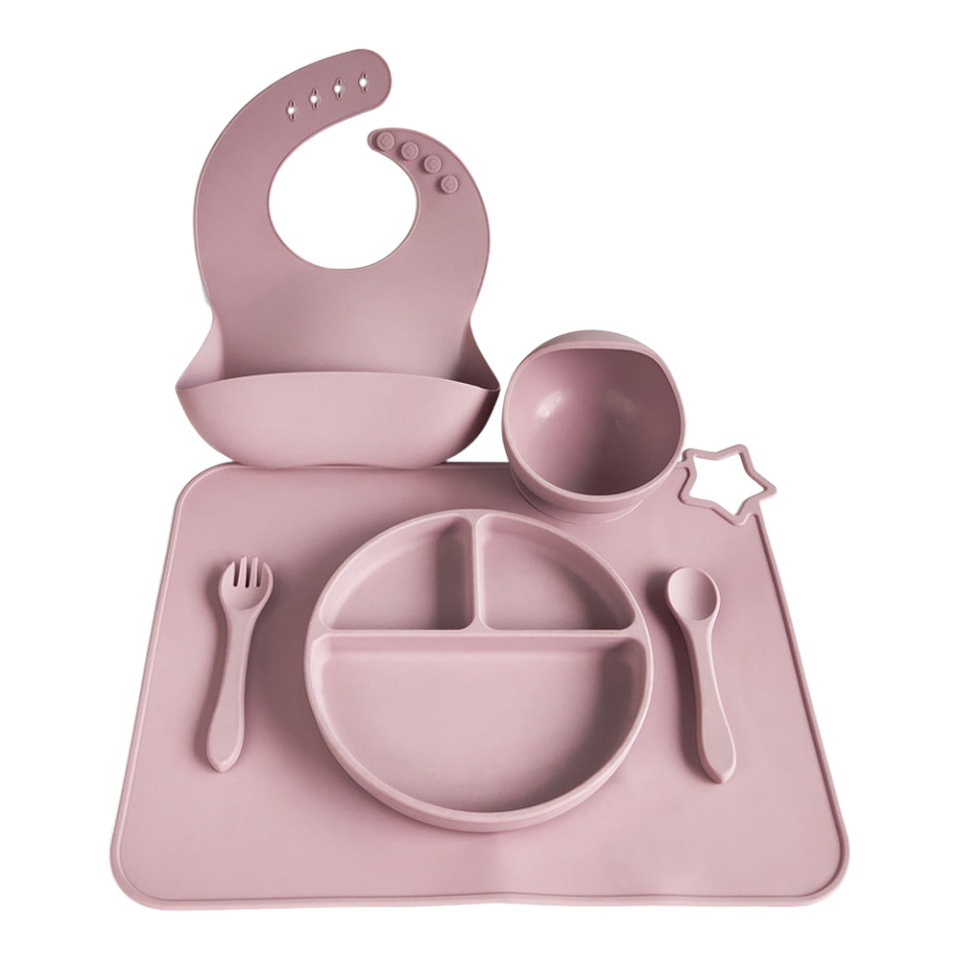 Children Feeding Waterproof Silicone Bib Spoon Fork Plate Bowl Placemat Set