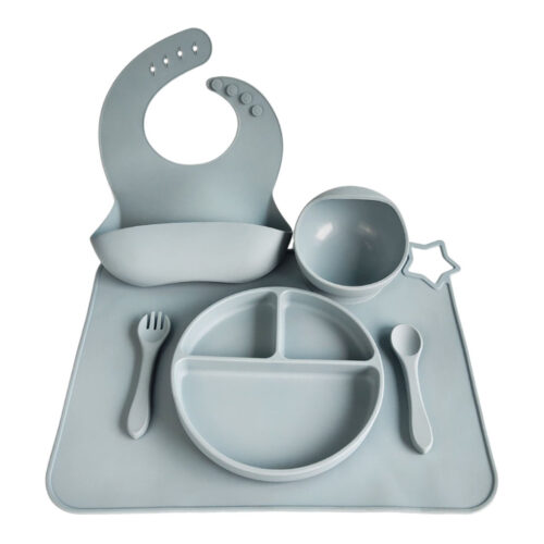 Children Feeding Waterproof Silicone Bib Spoon Fork Plate Bowl Placemat Set