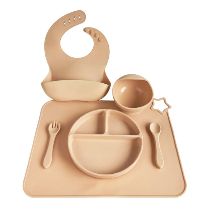 Children Feeding Waterproof Silicone Bib Spoon Fork Plate Bowl Placemat Set
