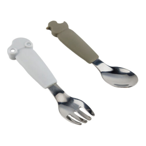 Children Silicone Handle Stainless Steel Spoon Fork Set Kid Cutlery Baby Tableware