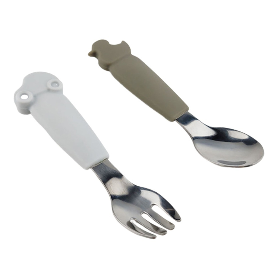 Children Silicone Handle Stainless Steel Spoon Fork Set Kid Cutlery Baby Tableware