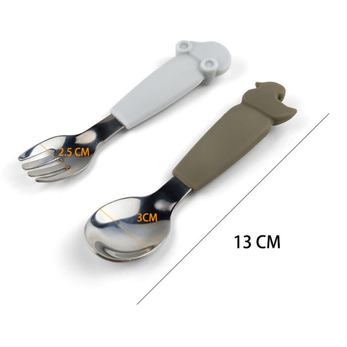 Children Silicone Handle Stainless Steel Spoon Fork Set Kid Cutlery Baby Tableware
