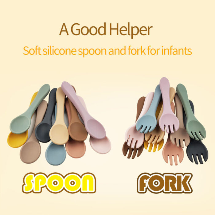 Dishwasher Safe Toddler Silicone Spoon Fork Infant Kid Feeding Baby Utensils