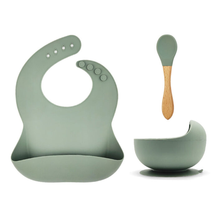 Infant First Stage Led Weaning Dinnerware Silicone Bib Bowl Spoon Baby Feeding Set