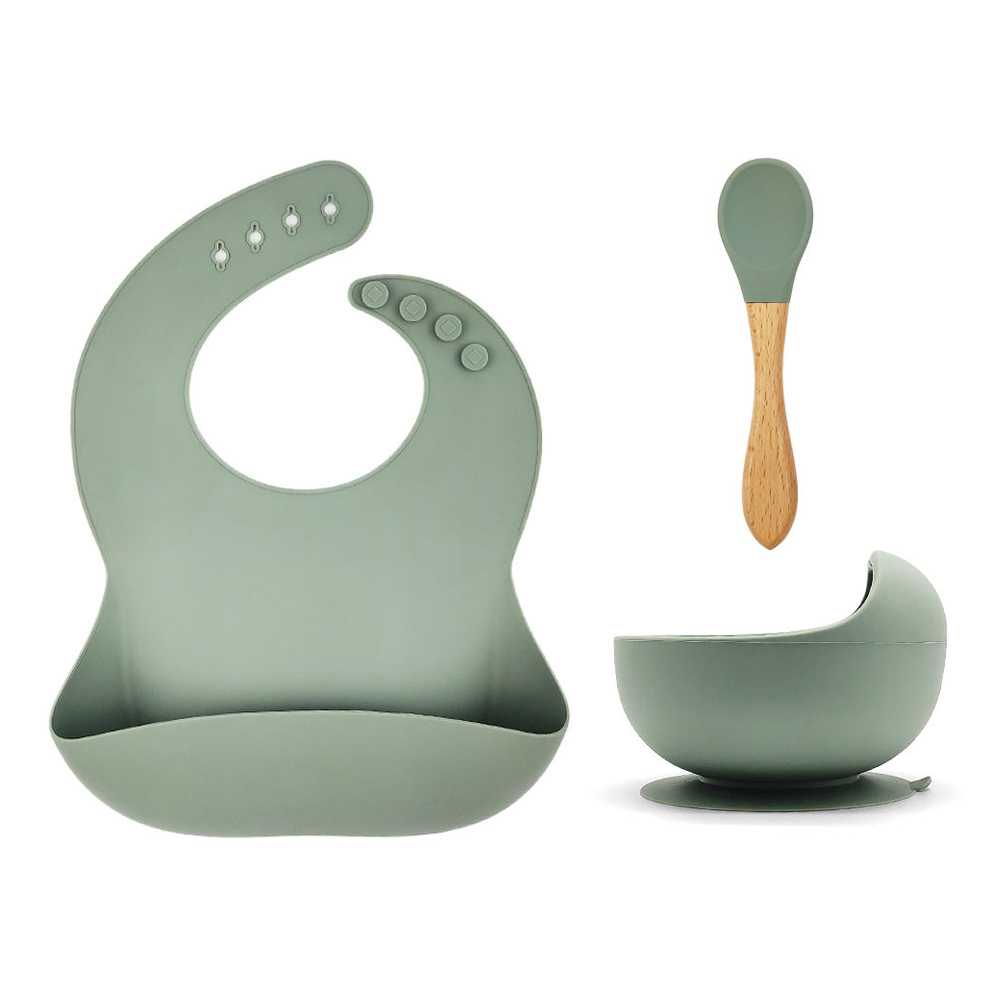 Infant First Stage Led Weaning Dinnerware Silicone Bib Bowl Spoon Baby Feeding Set