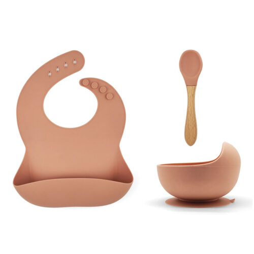 Infant First Stage Led Weaning Dinnerware Silicone Bib Bowl Spoon Baby Feeding Set