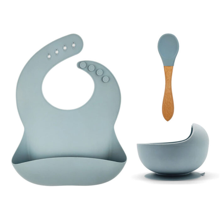 Infant First Stage Led Weaning Dinnerware Silicone Bib Bowl Spoon Baby Feeding Set