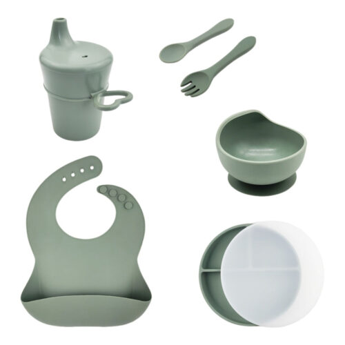 Infant Weaning Baby Feeding Silicone Bib Cup Lid Bowl Spoon Fork Plate Set