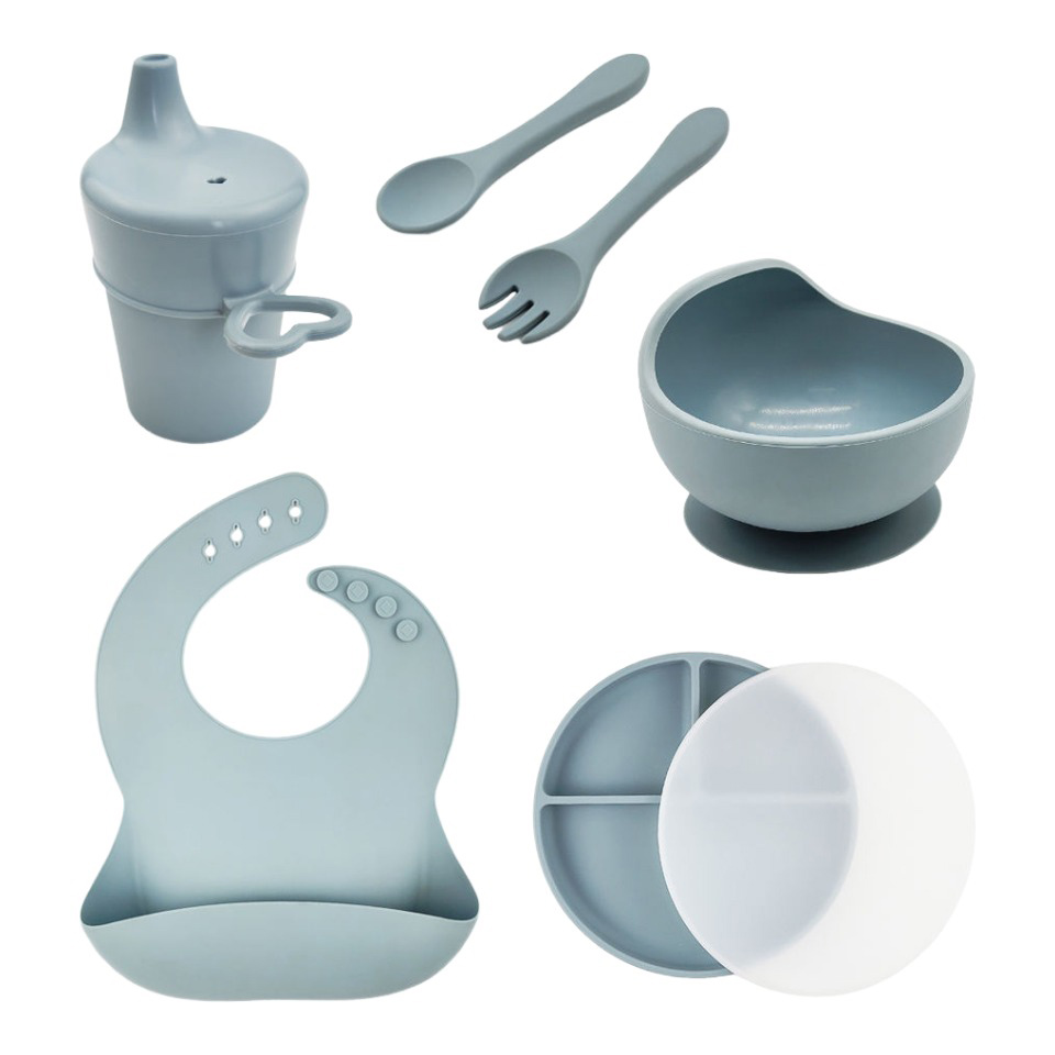 Infant Weaning Baby Feeding Silicone Bib Cup Lid Bowl Spoon Fork Plate Set